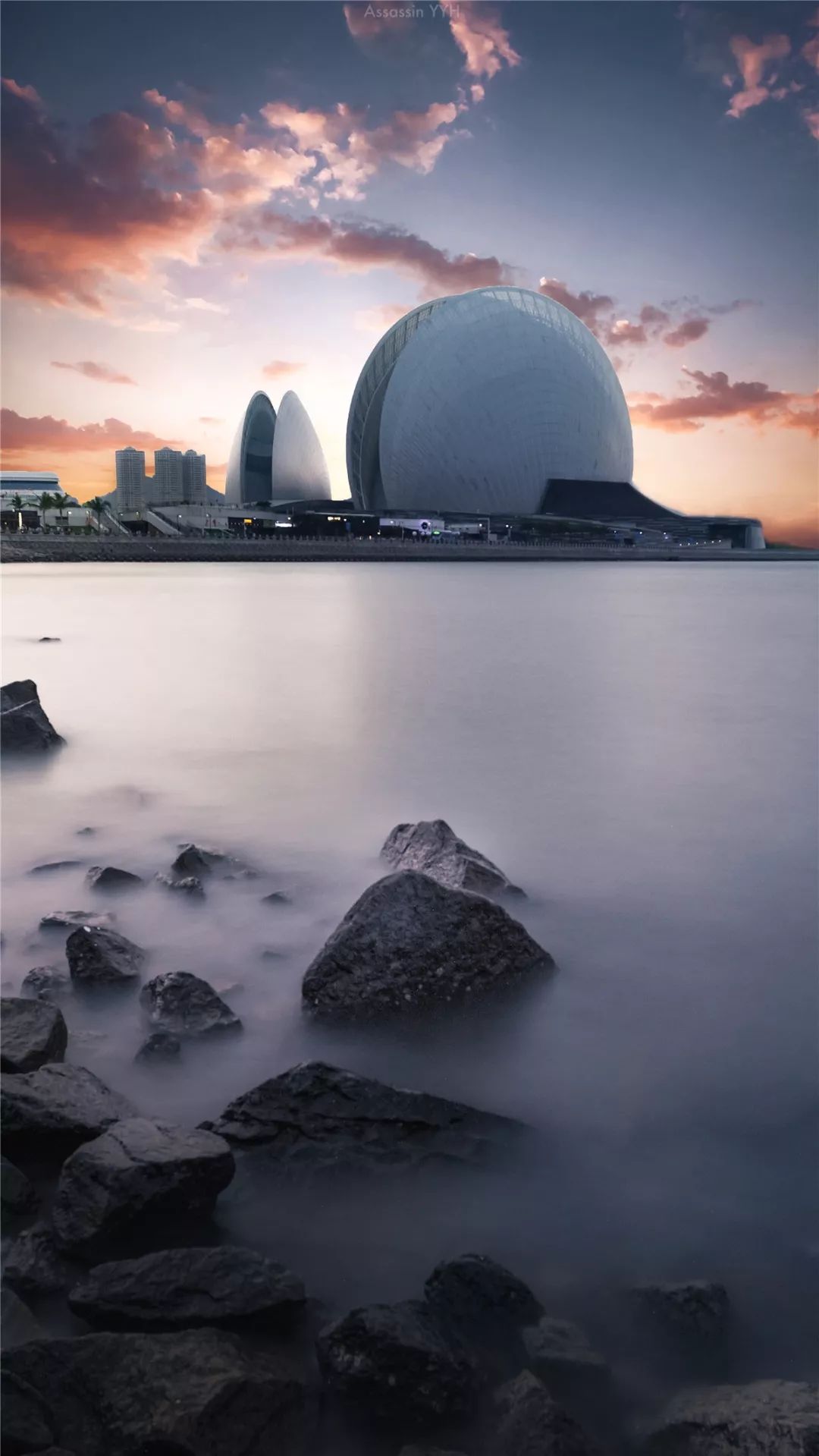 珠海大剧院晚霞珠海拱北口岸夜景天路