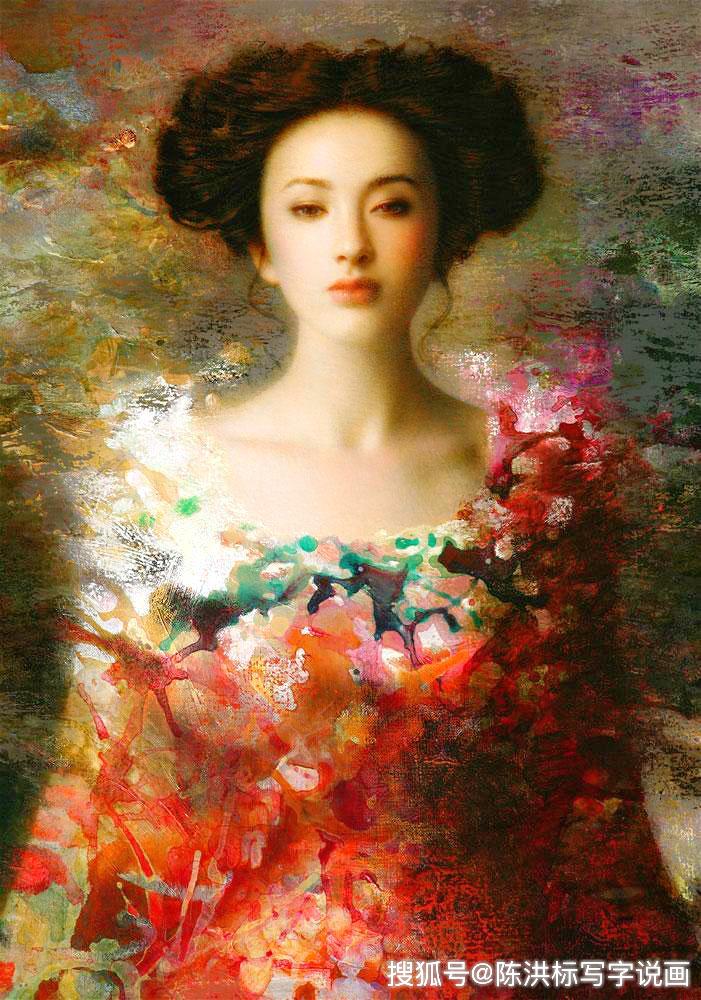 谢楚余油画《眸》局部.▲谢楚余油画《月色》.