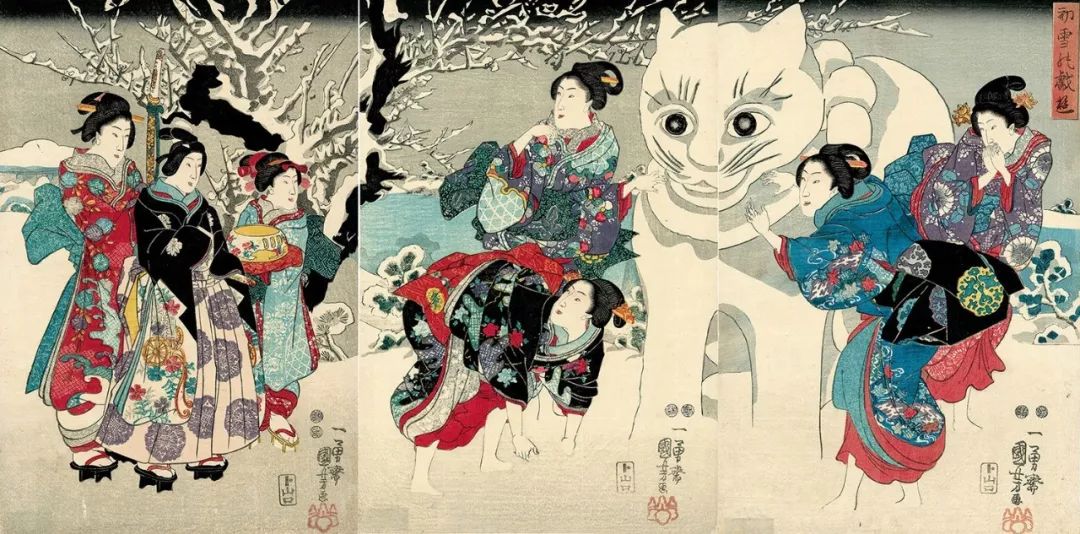 歌川国芳《最初の降雪のアミューズメント(初雪の技)》,木版画,1847