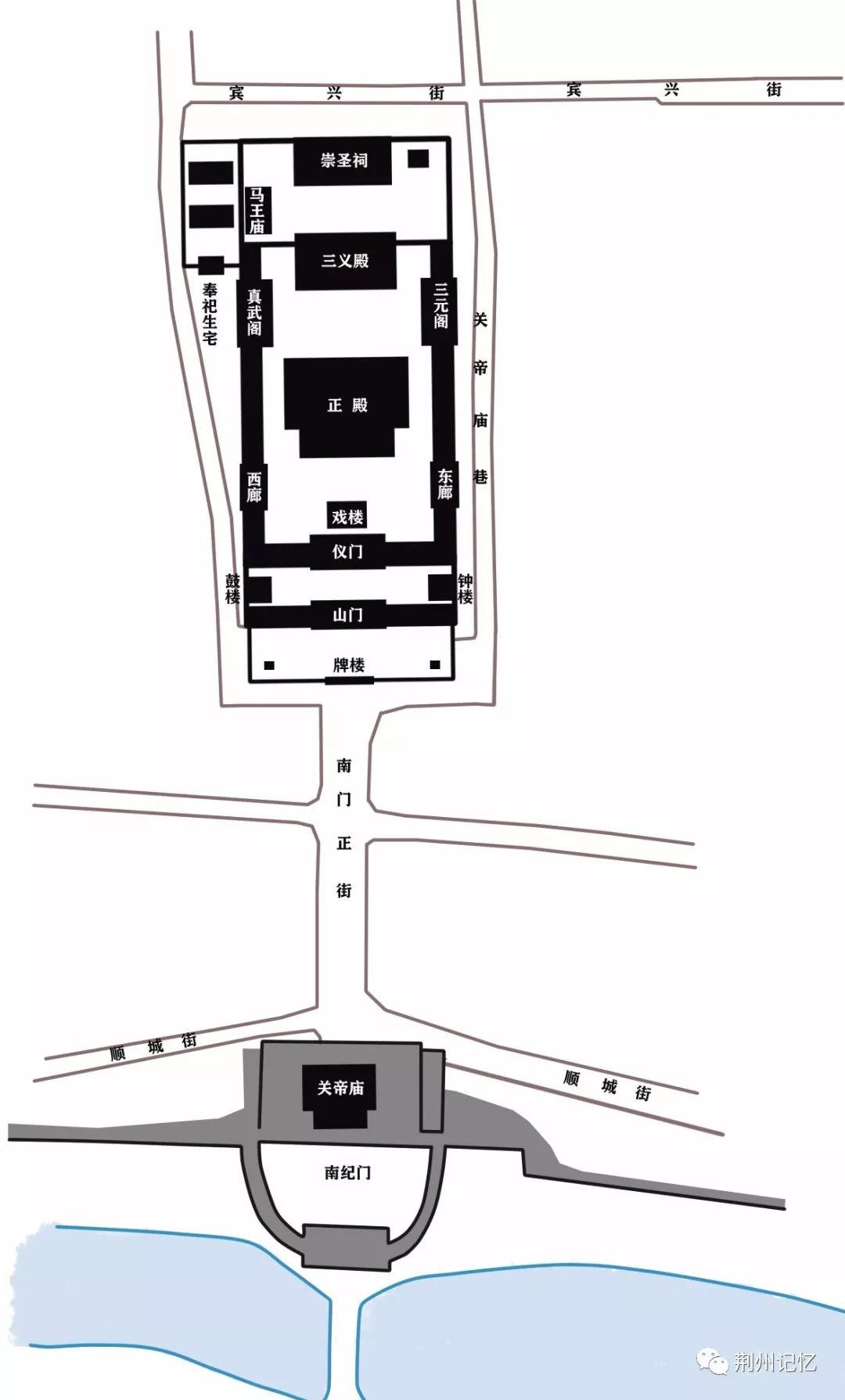 荆州关帝庙复原想象平面《长江风景》一书收录南门关帝庙正殿旧影