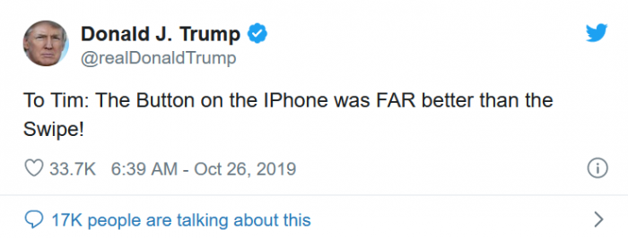 特朗普发推吐槽苹果最新的iPhone没有Home按钮不好用