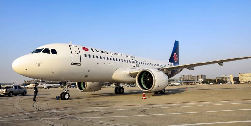 青島航空新進一架a320neo飛機,機隊已達23架