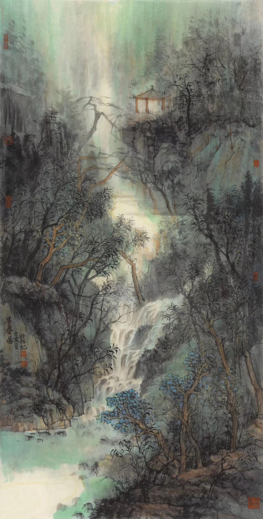 作品在高山流水,林木叠翠的写意山水中,表现了身在山中,心在山外的