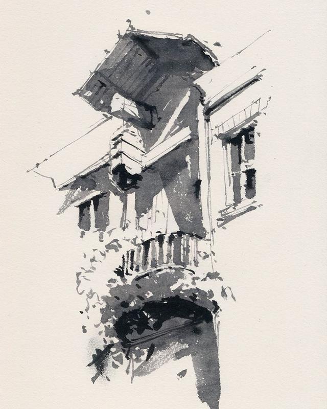 黑白水彩建筑风景画东方水墨韵味助你快速抓住大感觉
