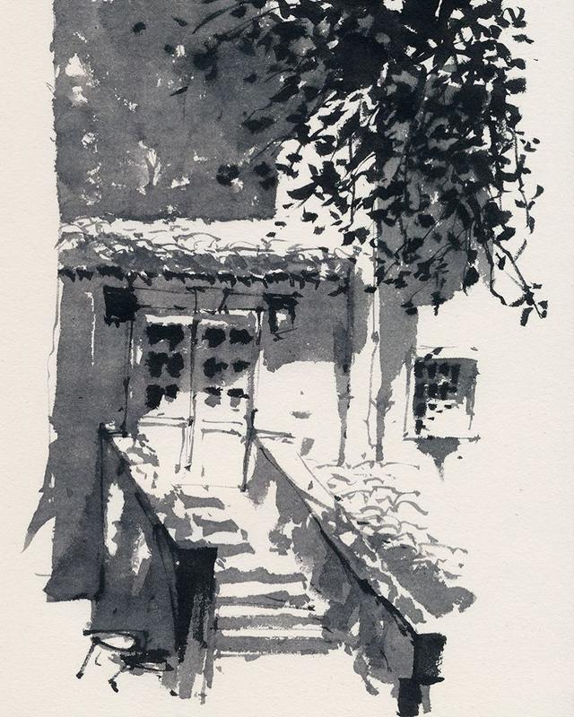 黑白水彩建筑风景画东方水墨韵味助你快速抓住大感觉