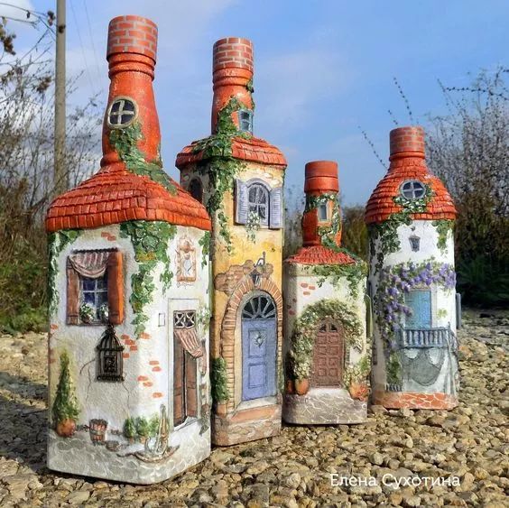瓶子改造的小房子石头手绘改造瓶子啤酒瓶到处可见,平时喝完就顺手扔