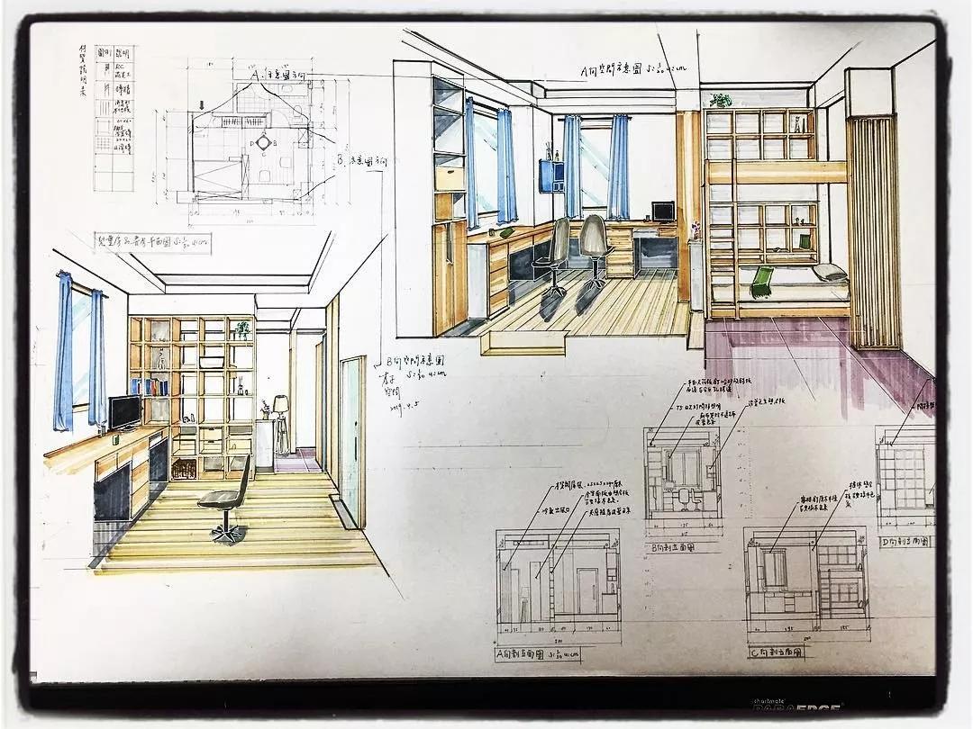 這是一組室內設計手稿,在設計當中手繪表現的是空間的設計思路,而會