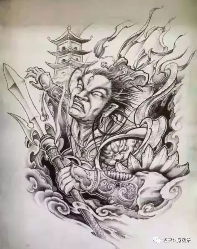 二郎神纹身手稿手臂图片