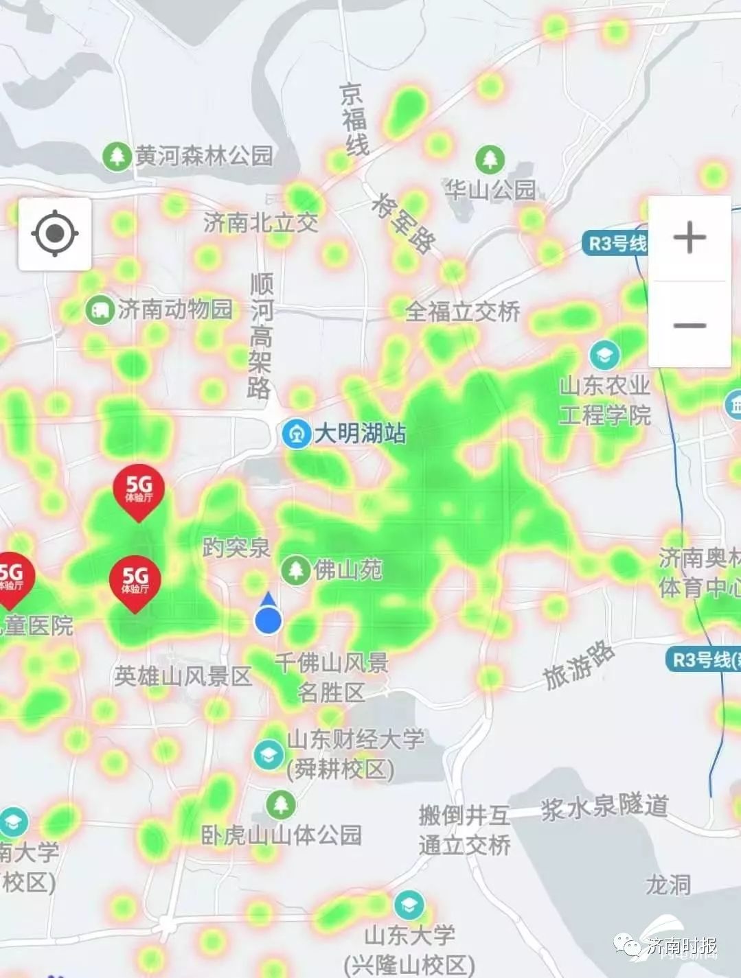 中国联通5g信号覆盖地图通过地图可见,目前济南市趵突泉,大明湖,泉城