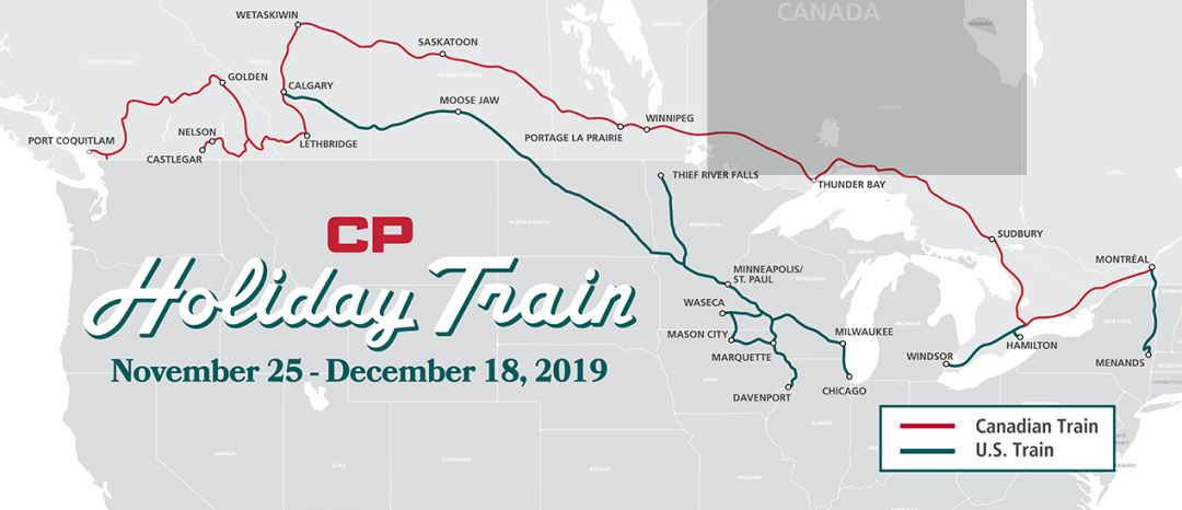 今年,共有两列火车将穿越美国和加拿大,红色线为加拿大线,绿色线为