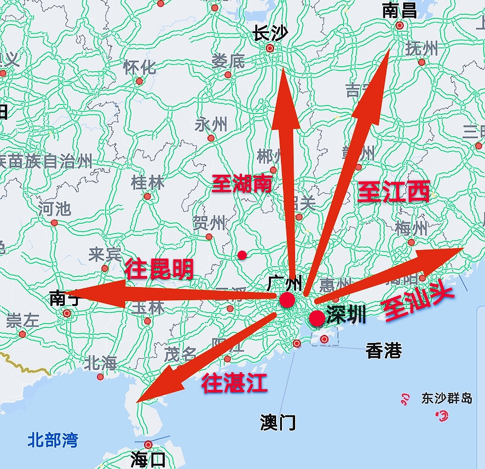 這裡我們已經瞭解了廣州和深圳的4條同方向高鐵,除了京廣高鐵和京九