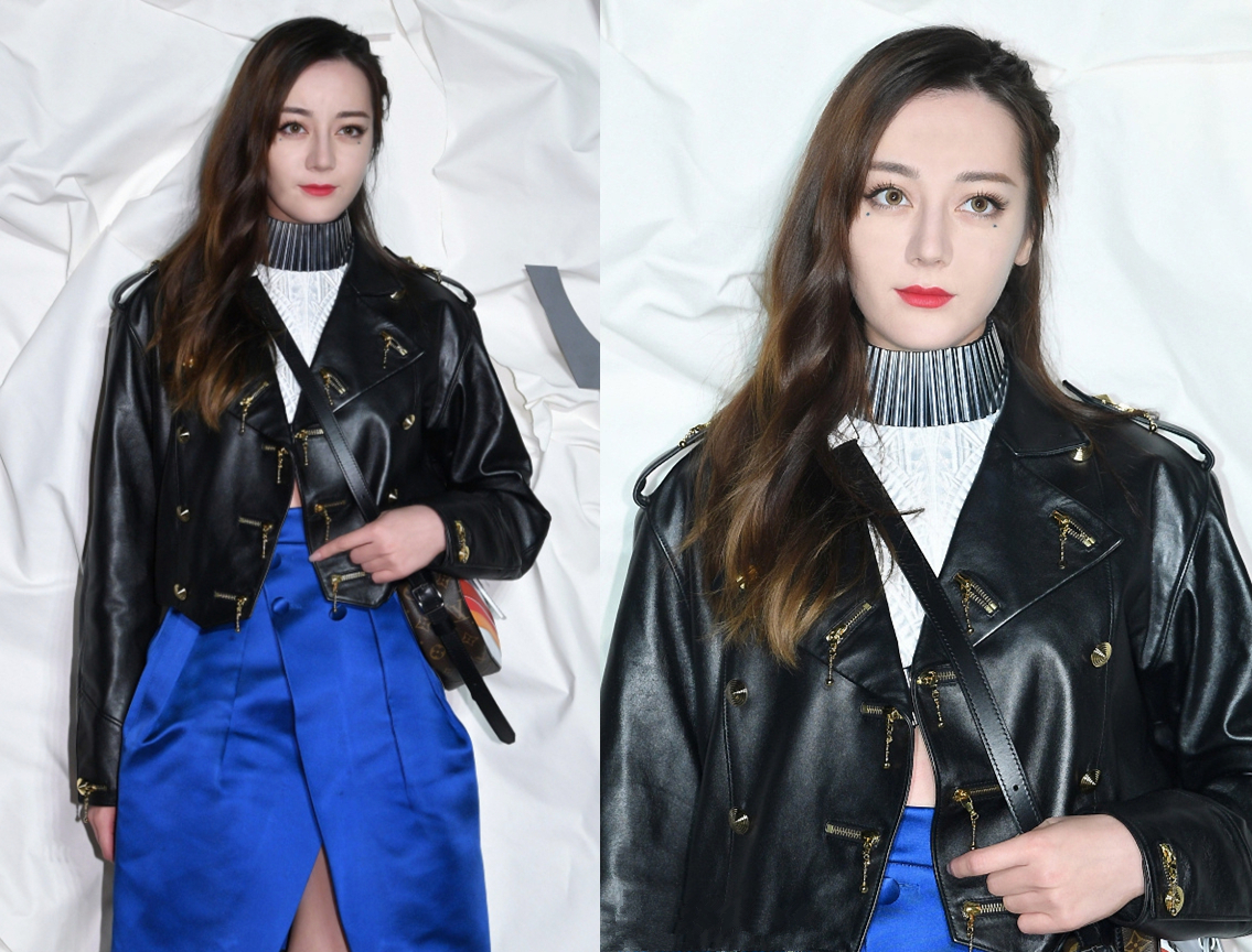 迪丽热巴现身首尔看秀身穿黑色漆皮外套高颜值完美上镜