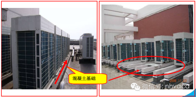 正确:外机与基础接触的安装孔和受力点处垫上减震垫,用螺丝将外机固定