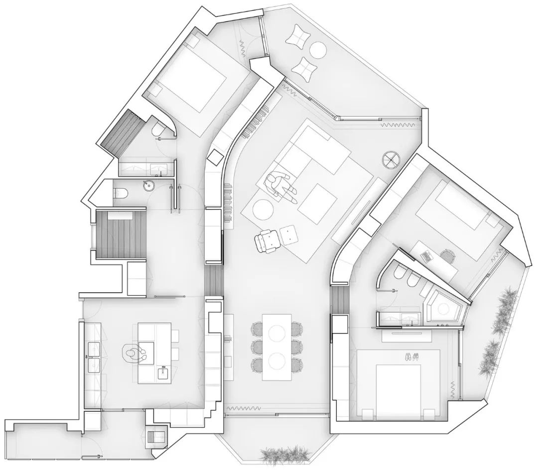 公寓平面图扇形结构的房屋在设计中往往让设计师最头痛,不归正的形状