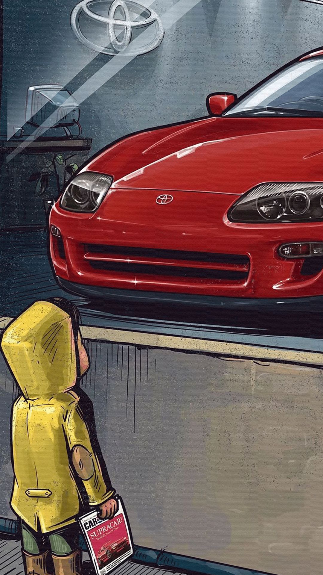 双尺寸壁纸橱窗外的小孩汽车手绘