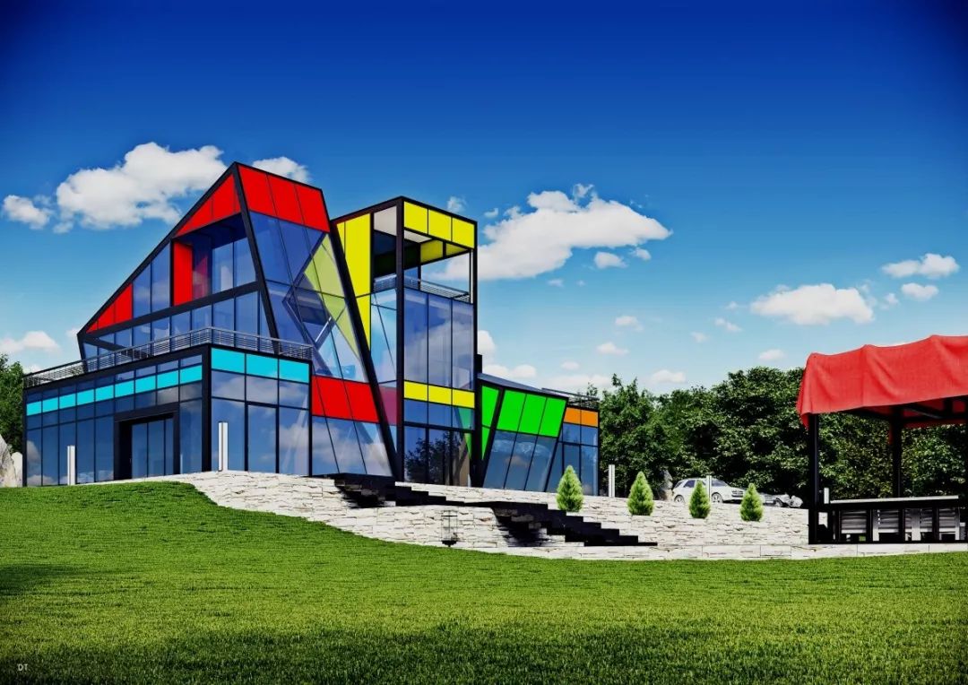 villamadamesur这座别墅设立于悬崖边上,整体色彩运用了蒙特里安的