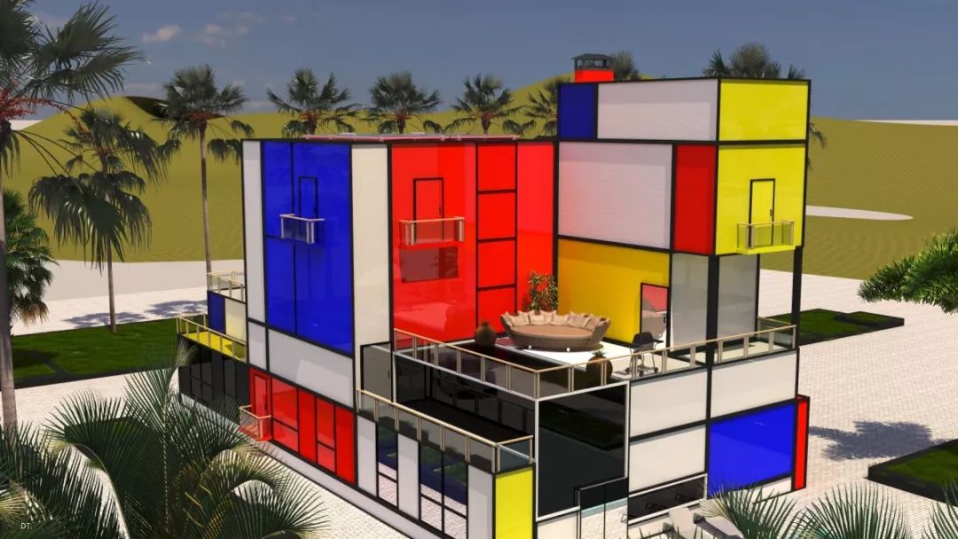 这是一个形式主义的建筑,利用魔方与蒙德里安两者奇妙的共同性,围绕一