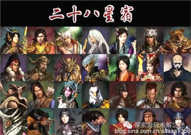 亢金龍,女土蝠,房日兔,心月狐,尾火虎,箕水豹,鬥木獬,牛金牛,氐土貉