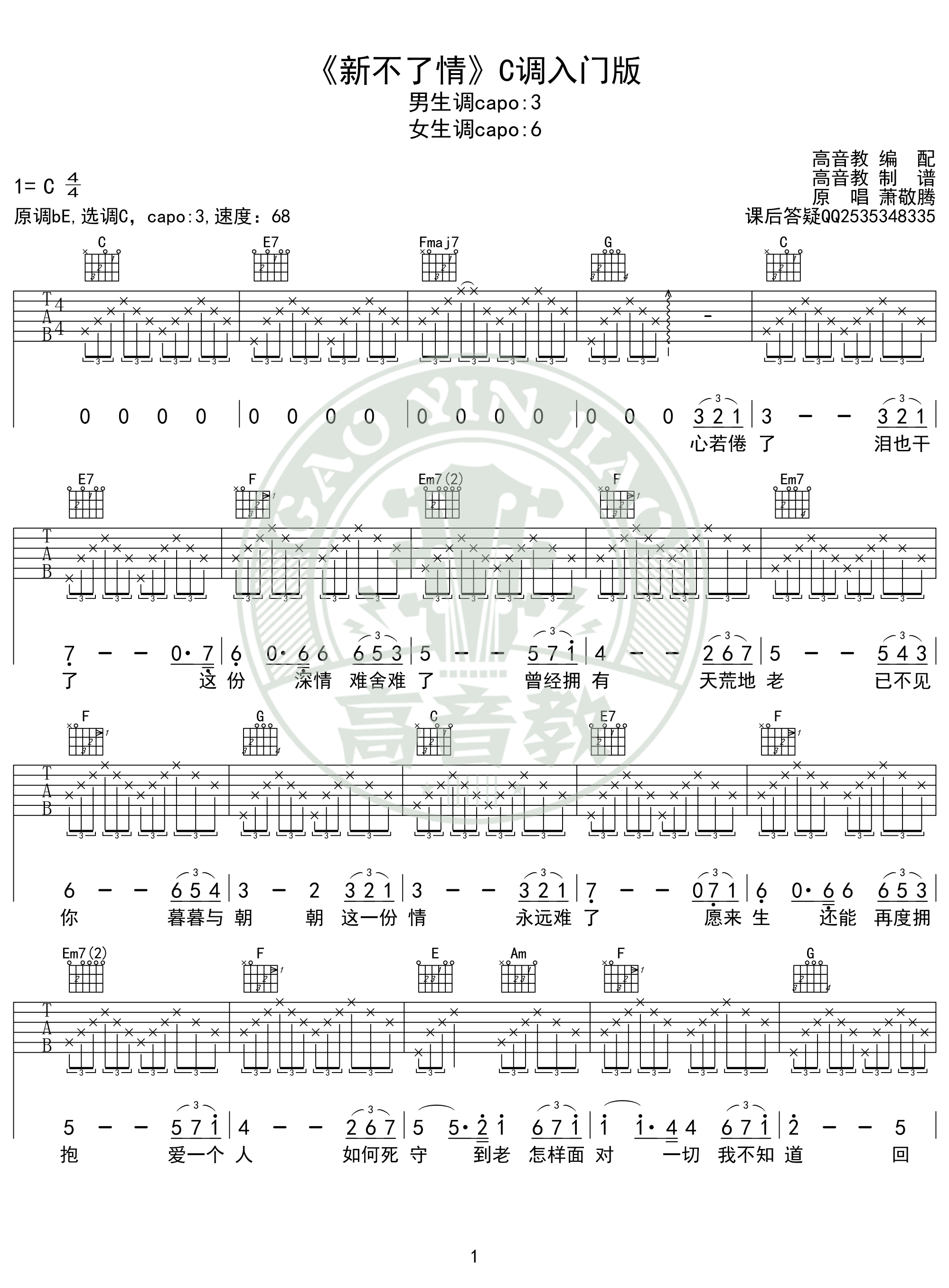 《新不了情》吉他谱吉他弹唱教学c调入门版 高音教