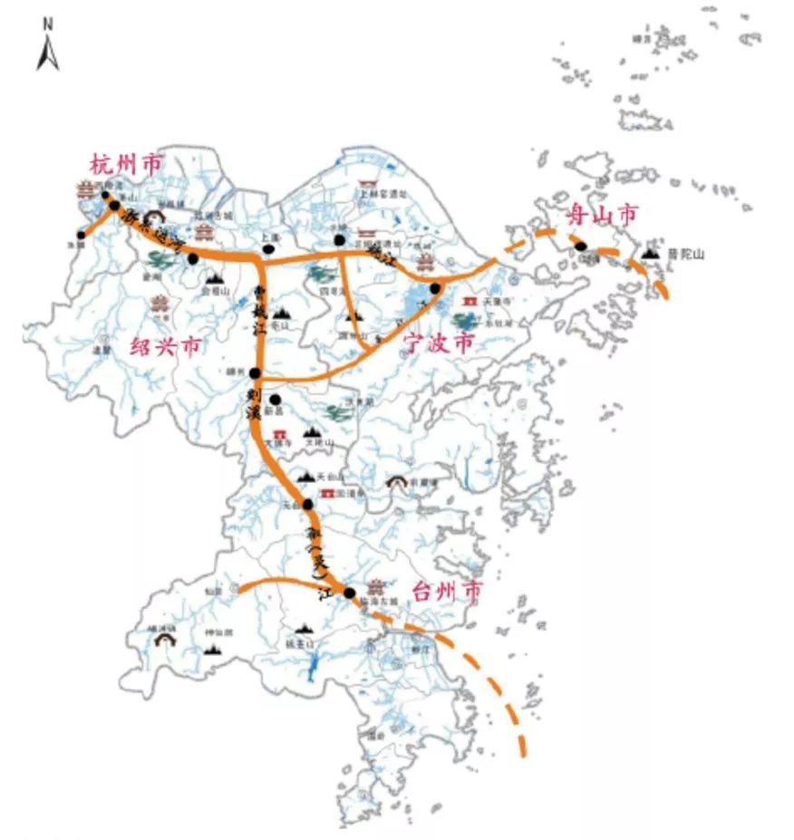 浙东运河上始建于唐代的古纤道▲迎恩门▲新昌弥勒大佛像▲谢灵运