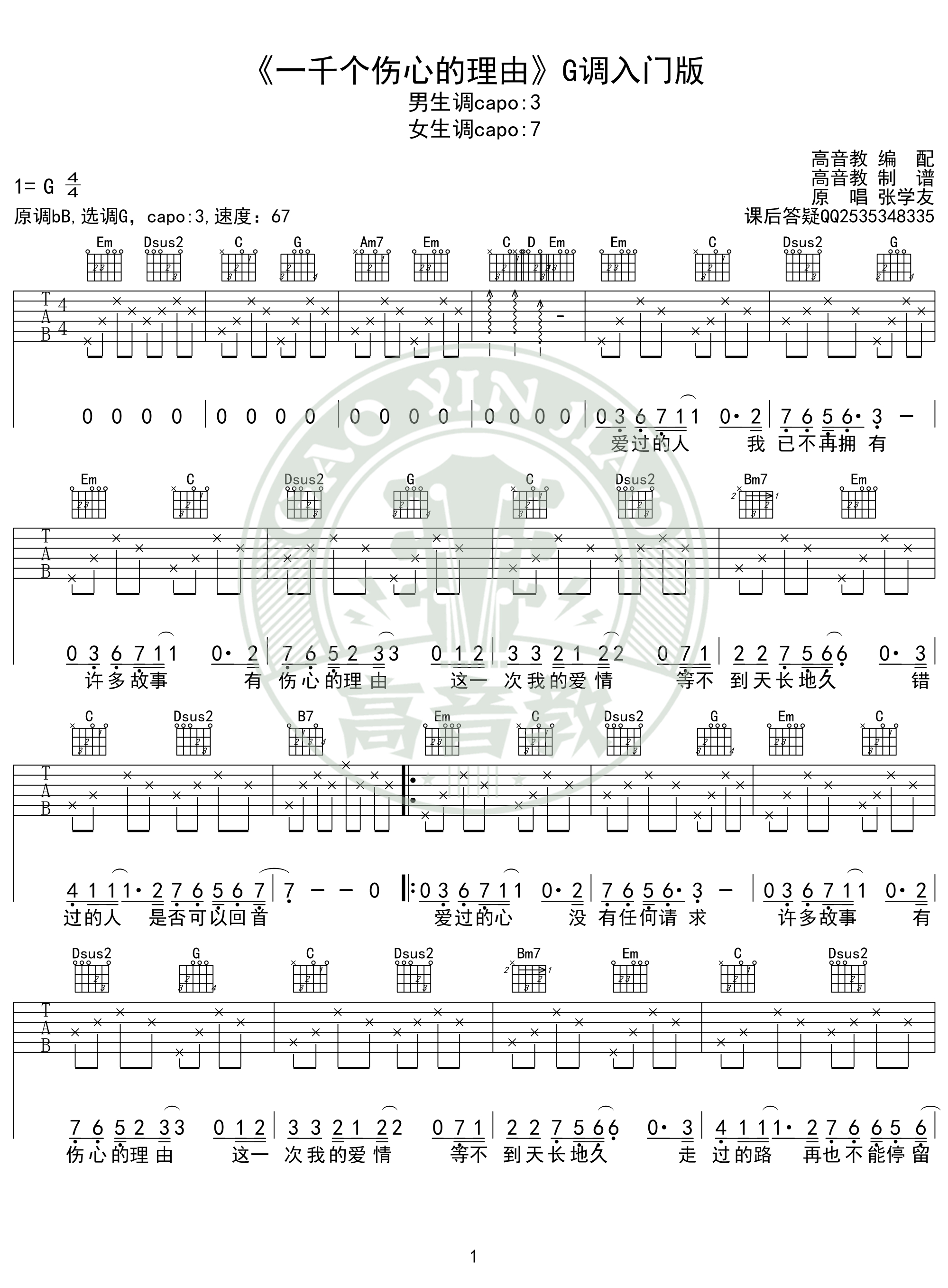 一千个伤心的理由吉他谱g调入门版高音教编配猴哥吉他教学