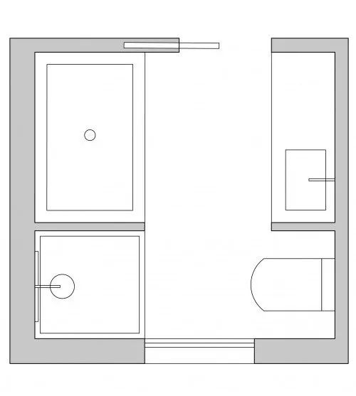 方形的卫生间倒是有更多的可能性:门可以是角落或中央,浴室可能有也