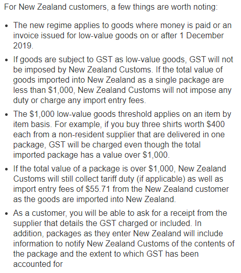 新西兰海关发布新规超过60纽币的物品开征gst