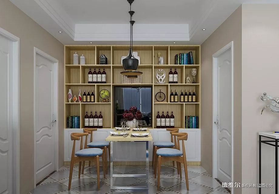 开放式的酒柜,放上酒,收藏品,装饰物,摆件等等,多功能一体化,提高空间