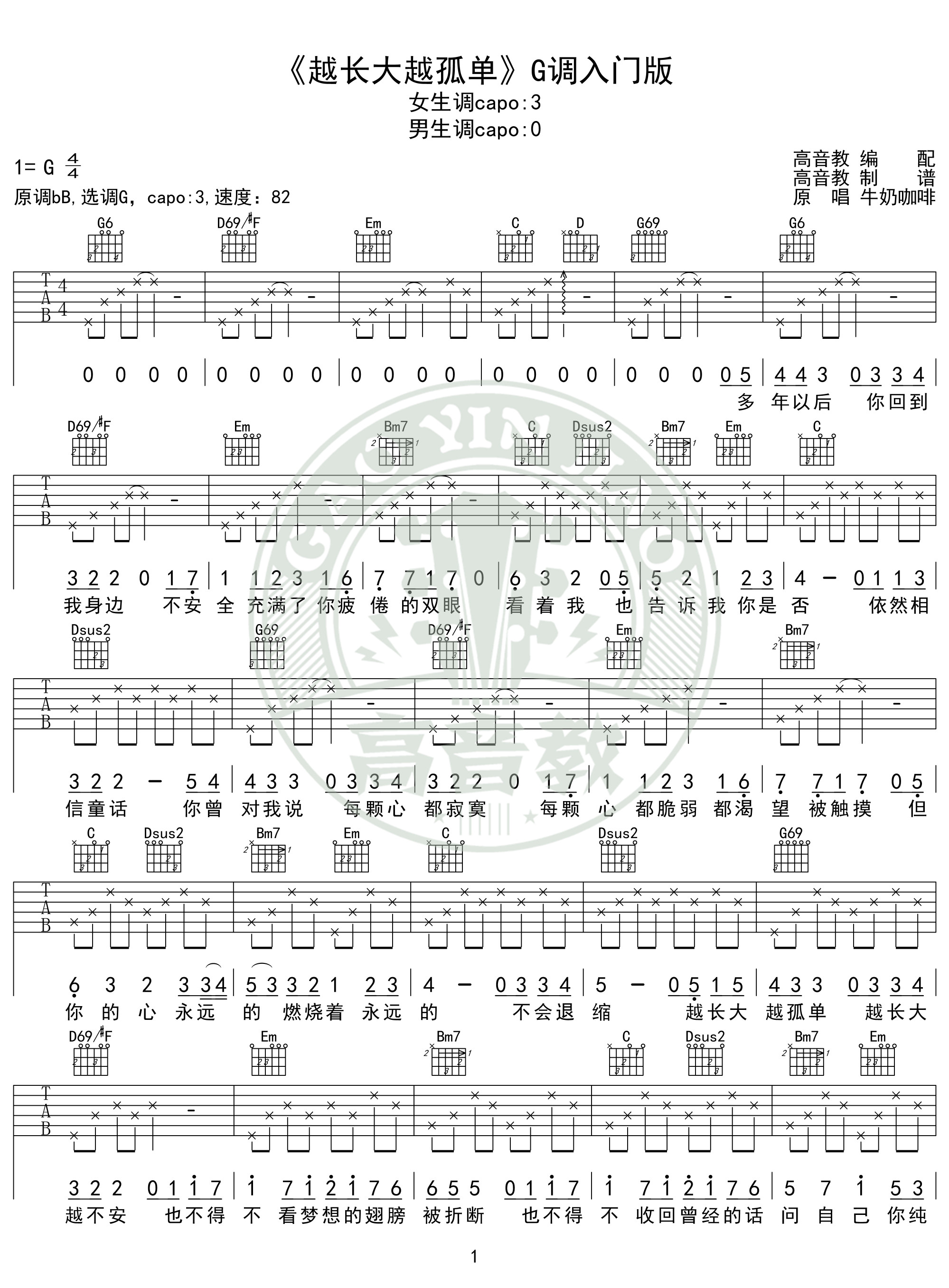 《越长大越孤单》吉他谱g调入门版 高音教编配 猴哥吉他教学