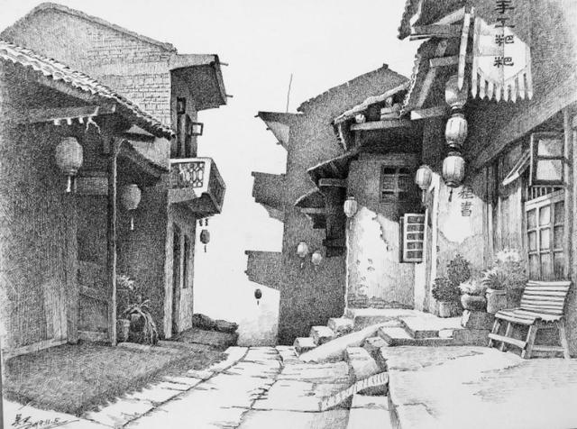 一位寄情于古镇的钢笔画家,记吴天先生的大圩古镇写生作品分享