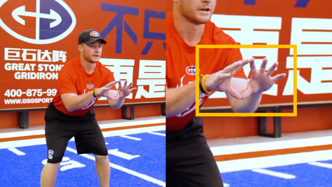 做好准备接球的手势(两手拇指重叠,放松张开)接球手势:两手拇指与食指