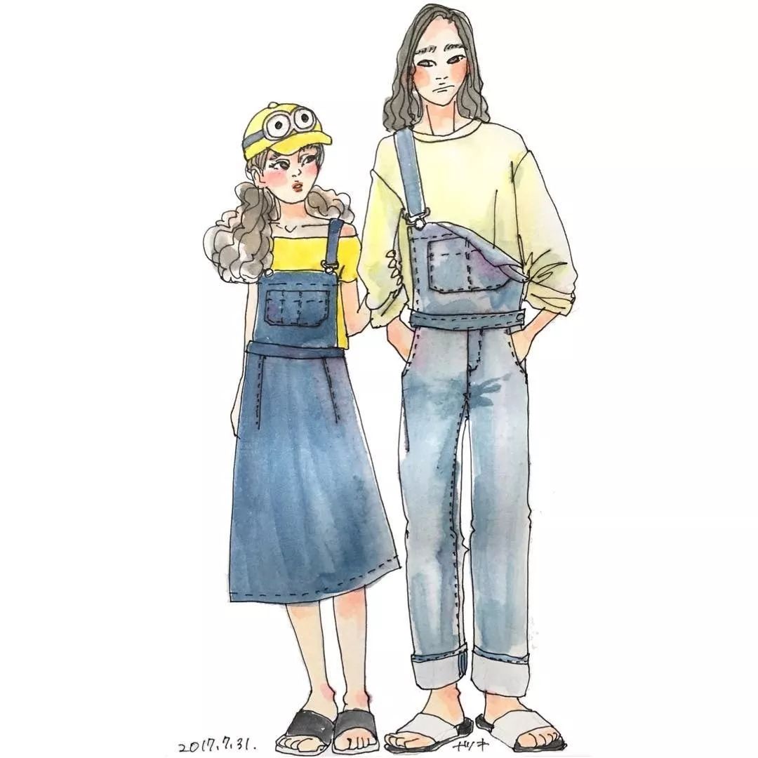 日本插画师natsuki以独特的手绘风画出日本女生的时尚穿搭和男女甜蜜