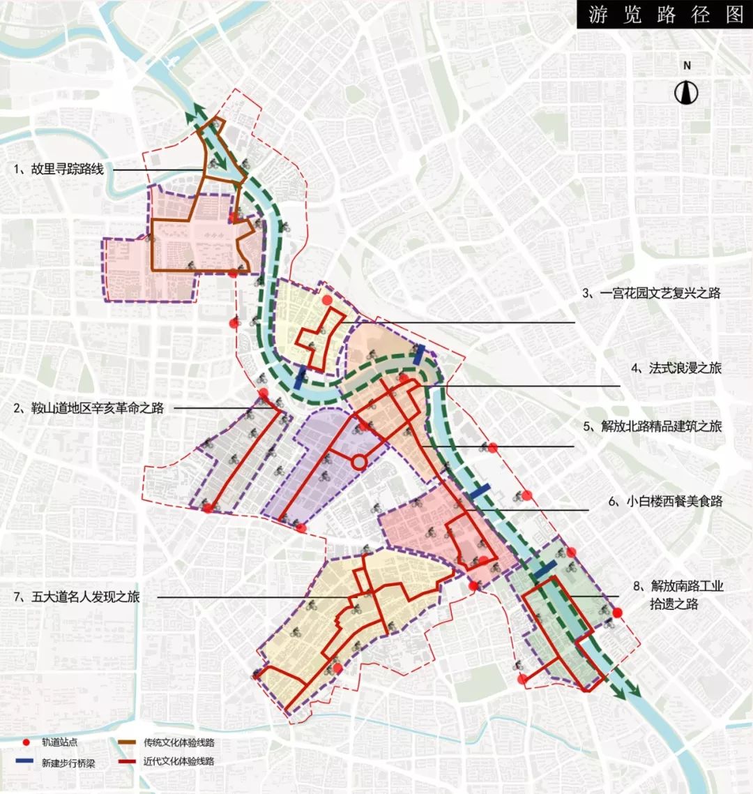 歷史文化街區步行系統空間佈局為:一軸,五橫,四縱,八片區,多節點,街區