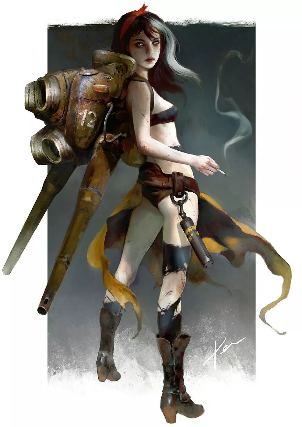 机甲少女插画厚重的蒸汽朋克机械装备突显出女性的柔美与坚毅