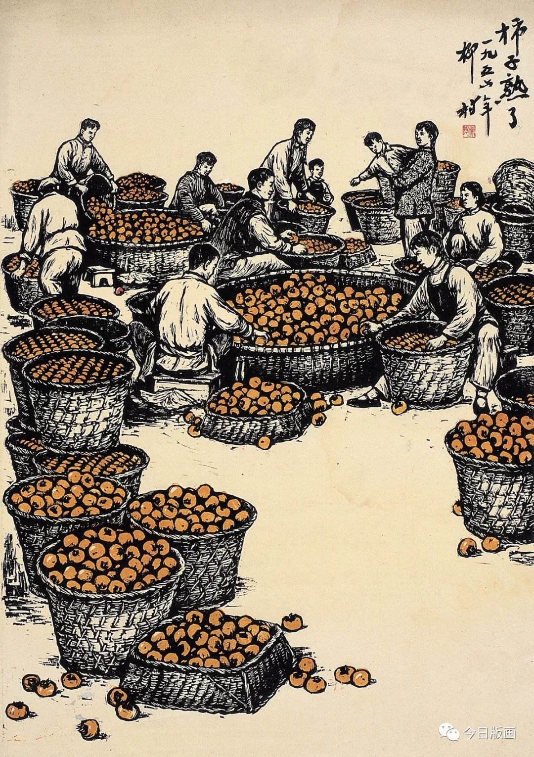 每日一画|柳村 柿子熟了(2019/11/12)|今日版画_农村