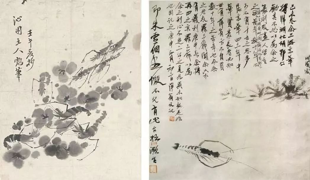 右图:齐白石 1912年作《芙蓉游虾》局部 辽宁省博物馆藏左图:郑板桥