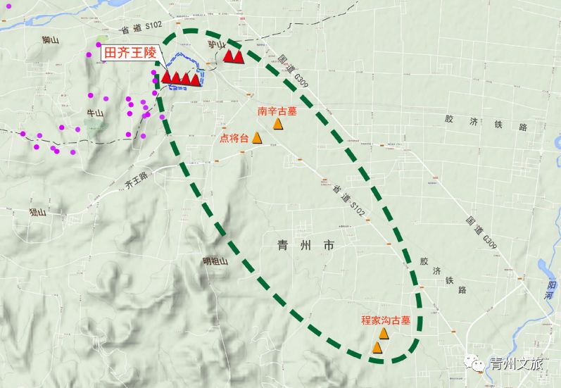 田齊君王陵墓分佈圖田齊王陵位於青州市與臨淄區的交界處,由四王冢和