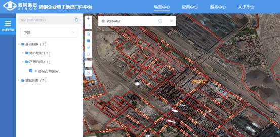 影像地图矢量地图在这个页面可以看到酒钢厂区矢量地图和影像地图