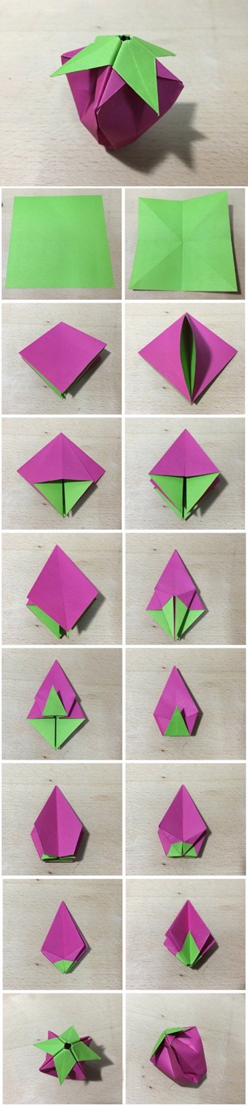 两种草莓的折纸方法图解步骤:分别是立体和扁平形态,难度一般般,喜欢