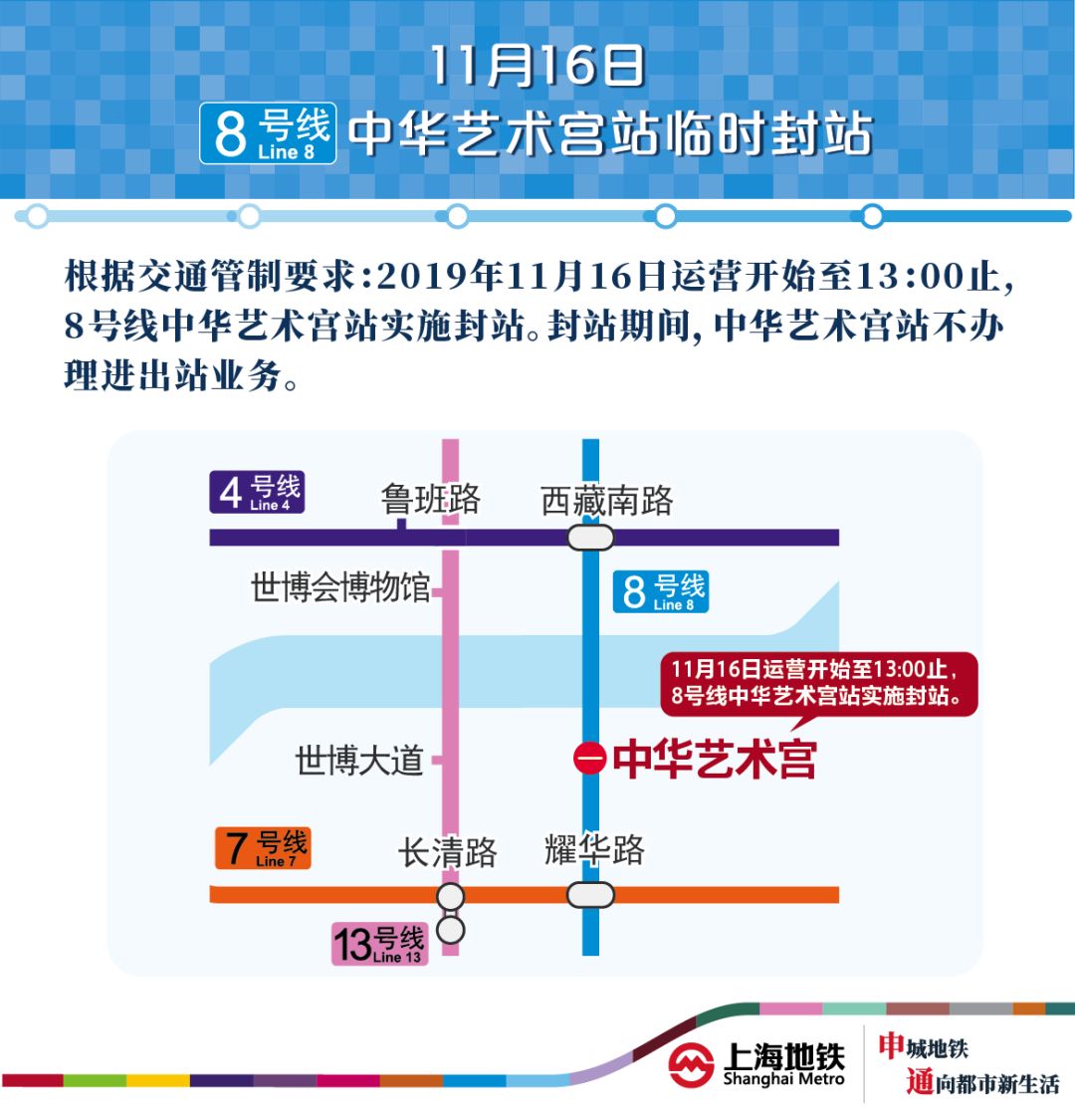 【轨交】本周六运营开始至13时,8号线中华艺术宫站临时封站_申通地铁