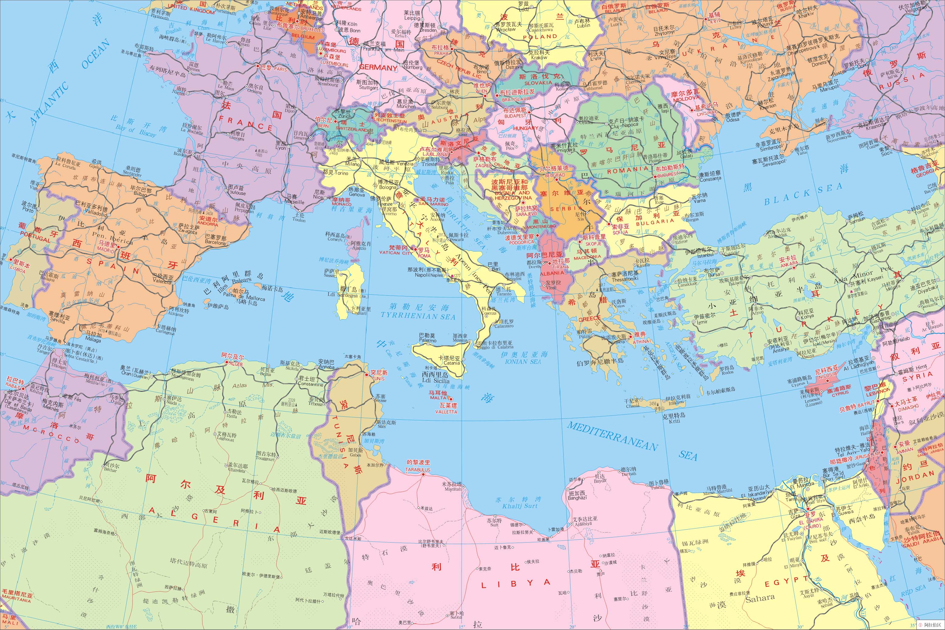 地中海与三个大洲相邻,沿岸有多少个国家?