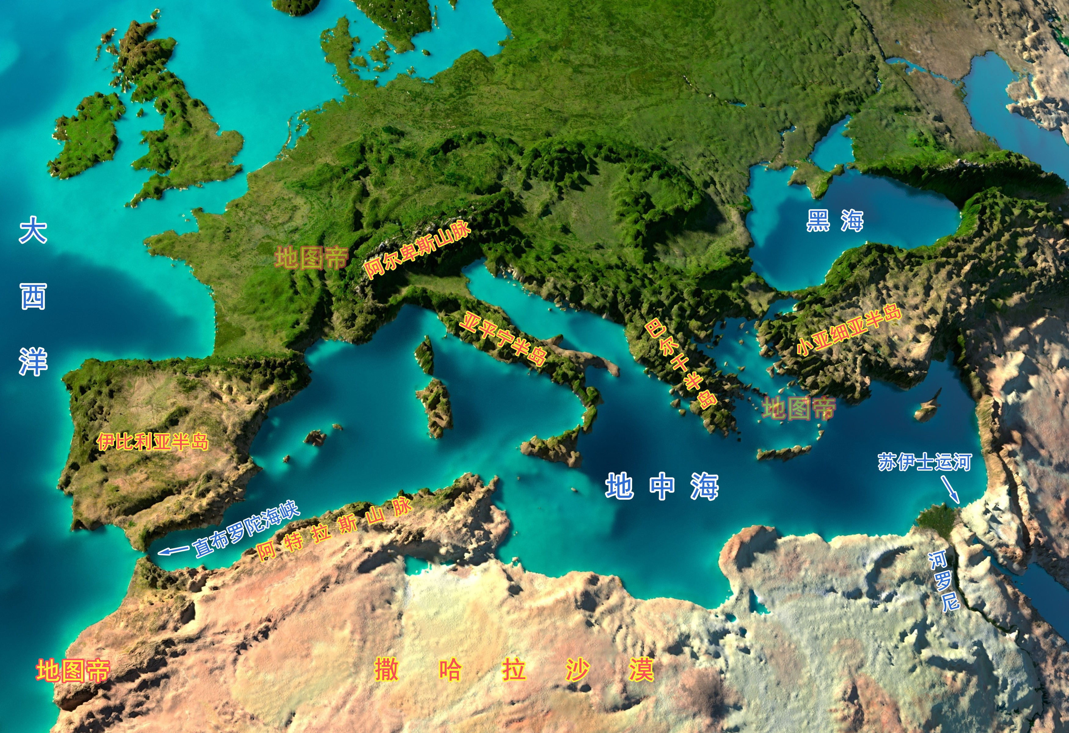 狭长的亚平宁半岛伸进地中海,还有撒丁岛和西西里岛两个大岛.
