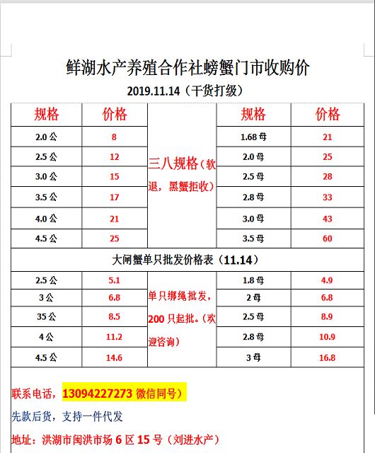 11月14日兴化,高淳,骆马湖,无为等大闸蟹报价单