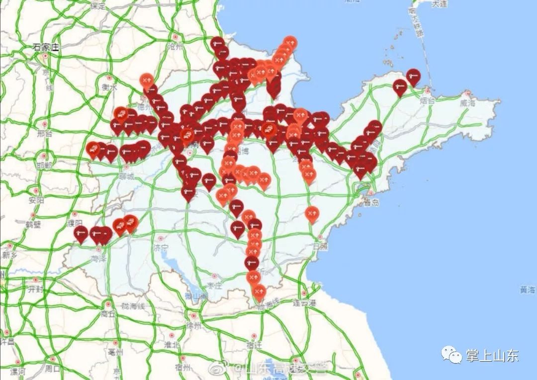 能见度低于200米的强浓雾 山东境内 京沪高速,京台高速 青银高速,荣潍