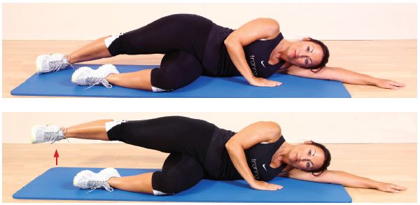 动作: 1.侧卧,屈髋大约45度,屈膝90度,双足并拢.