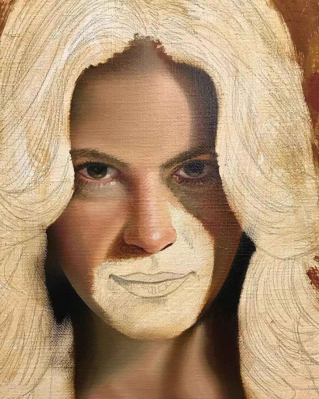 模特本人就站在他面前他的超写实油画作品我们可以看到一个特点都是