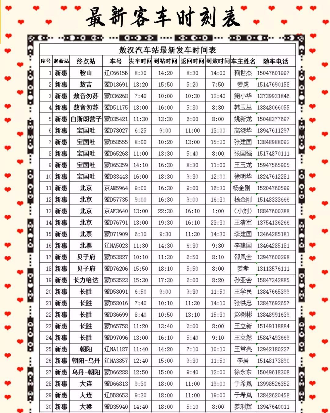 敖漢旗最新客車時刻表!建議收藏.