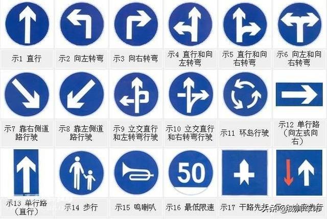 蓝色交通标志表示提示,遵循,用以指示车辆和行人按规定方向,地点行驶