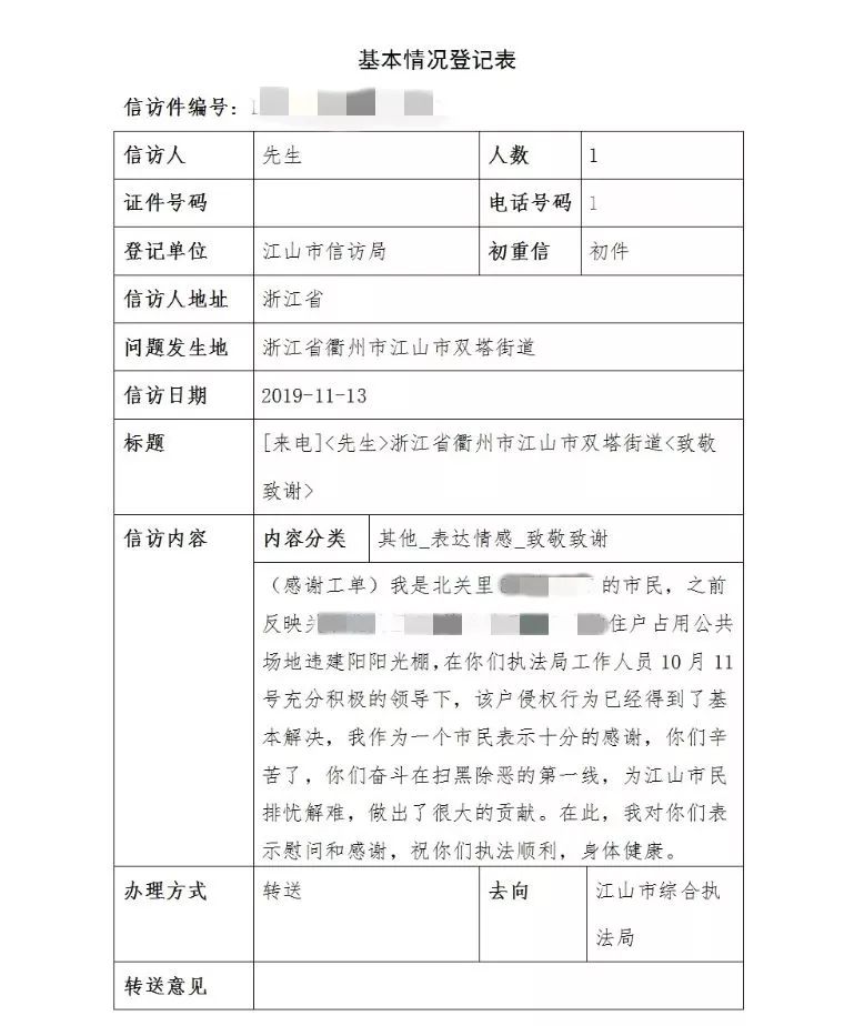 投诉回音丨一张特殊的信访工单全体执法队员请查收