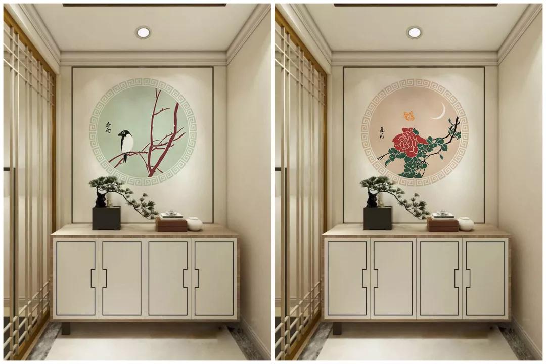 当山水花鸟与玄关处的硅藻泥墙面融合,产生了一种独特的中式意趣.